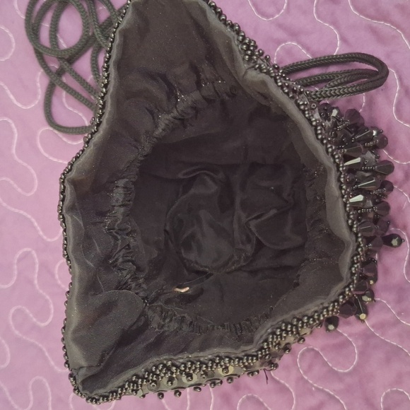 Vtg Dressy Purse Black Dangle Beads Sequins Sparkle Drawstring Pouch Crossbody - Picture 7 of 10